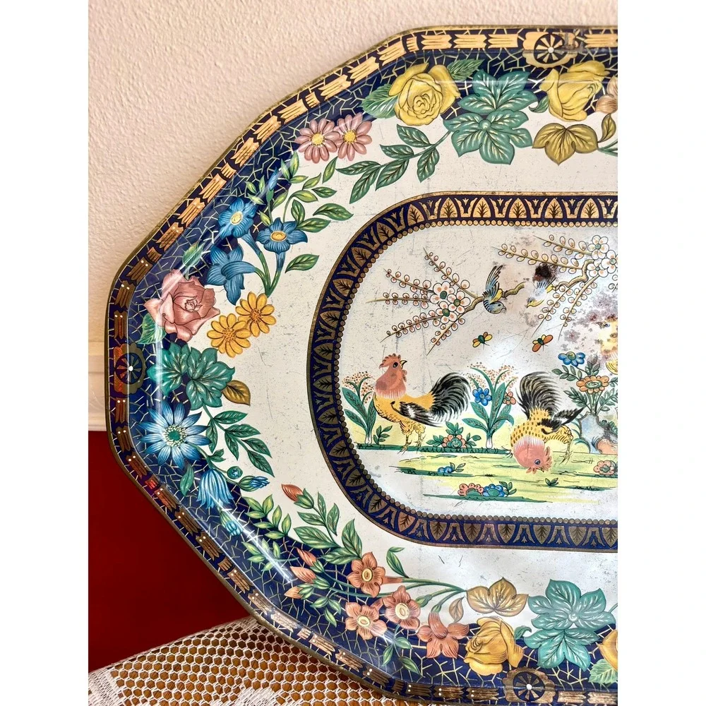 Vintage Daher Decorated‎ Ware Tin Tray Rooster Floral Octagon England Rustic 17